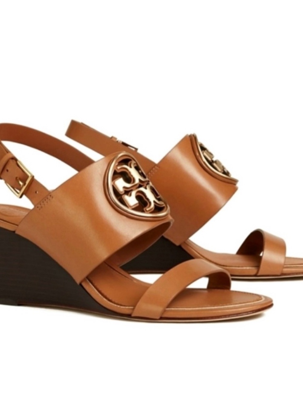 Tory Burch Metal Miller 65MM Wedge Sandals Logo Medallion Size 7.5 Summer Ready